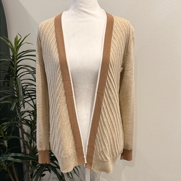 Verve Ami Sweaters - Verve Ami Cardigan Fawn Heather Combo Tan Stripe Ribbed Long Sleeve S